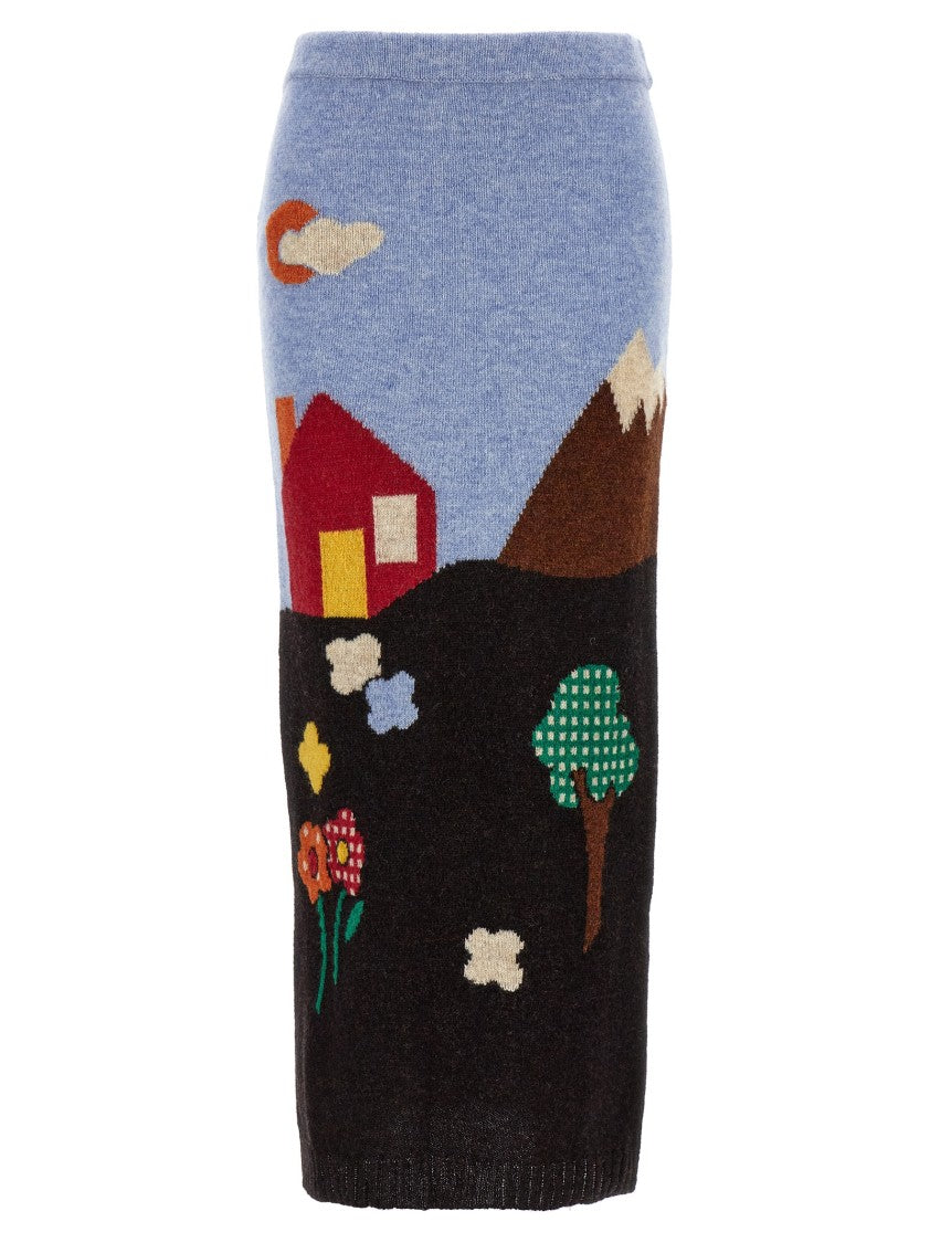 Moschino Shetland Wool Knit Skirt With Landscape Intarsia