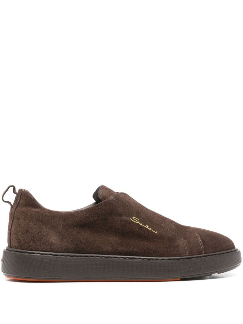 Santoni Coffee Brown Calf Suede Slip-On Sneakers