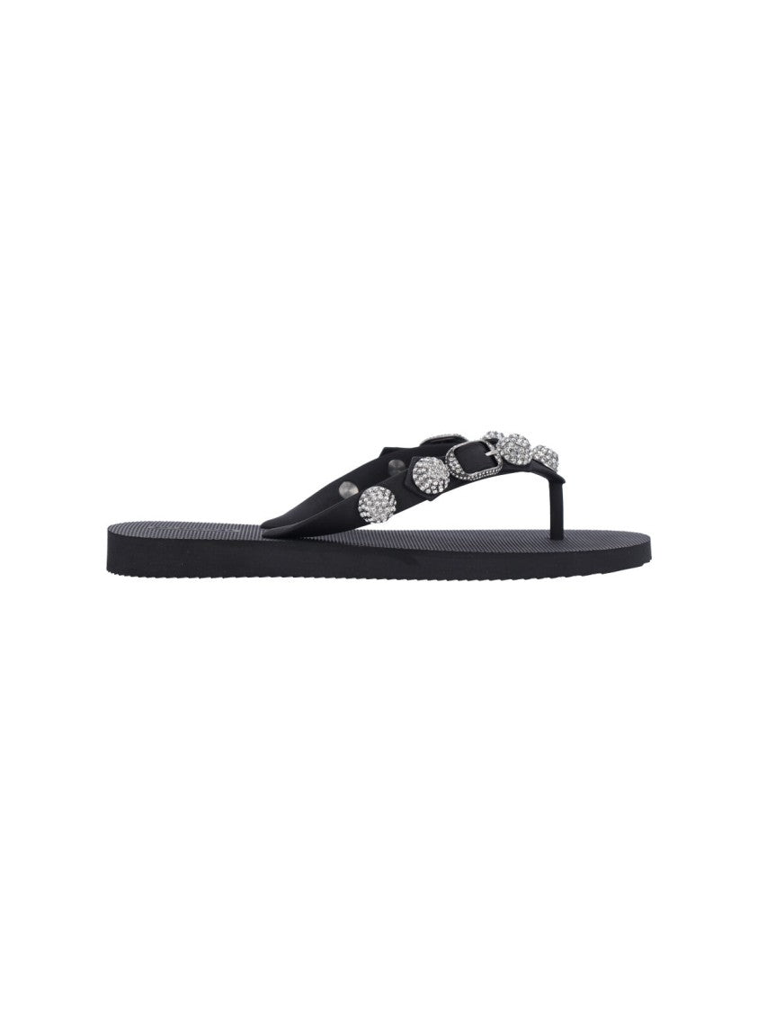 Balenciaga "Cagole" Stud And Rhinestone Flip-Flop Sandals – Black