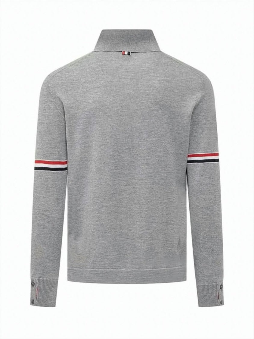 Thom Browne Button-Up Cardigan In Soft Grey With Striped Accents