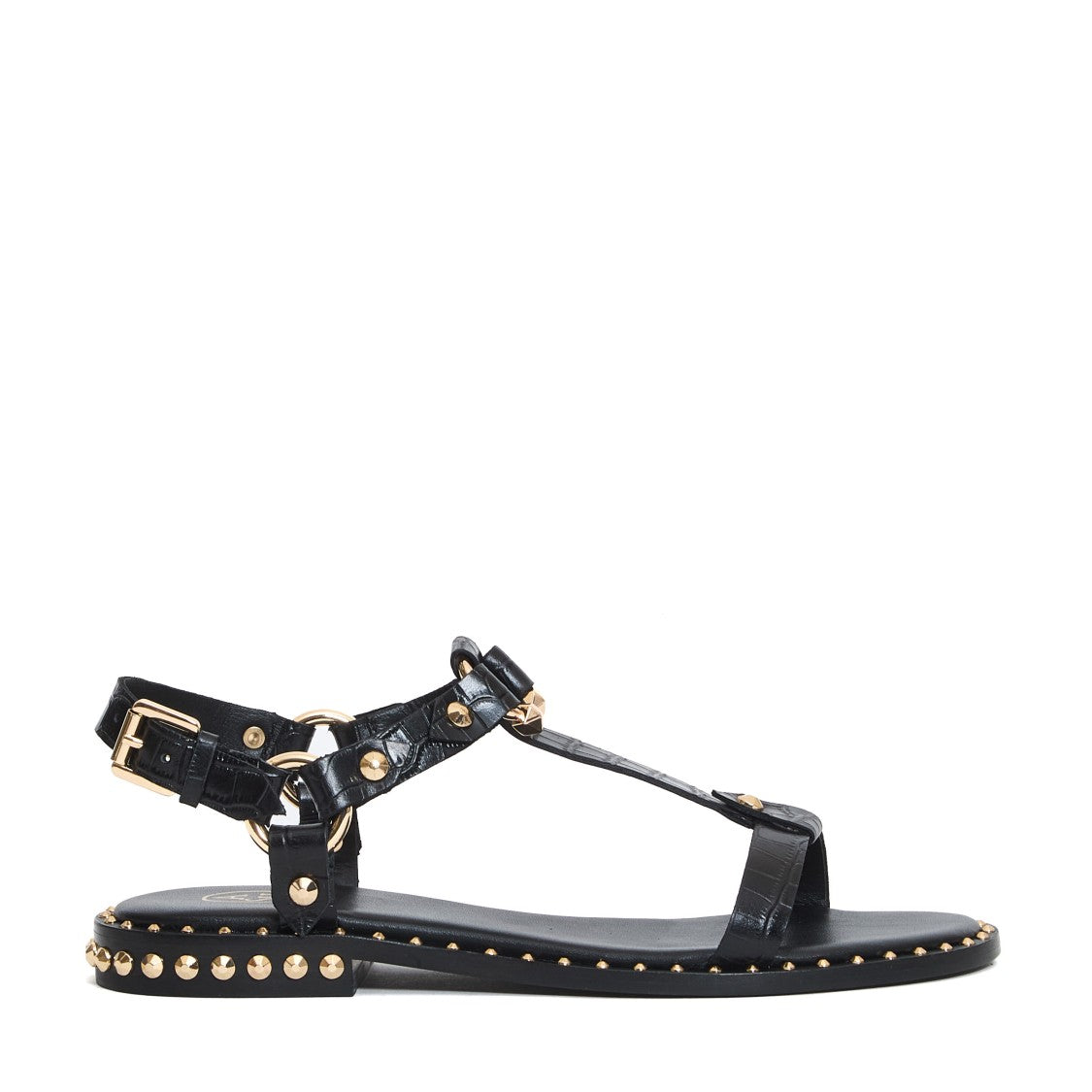 Ash Flat Sandals In Black Crocodile Print Leather