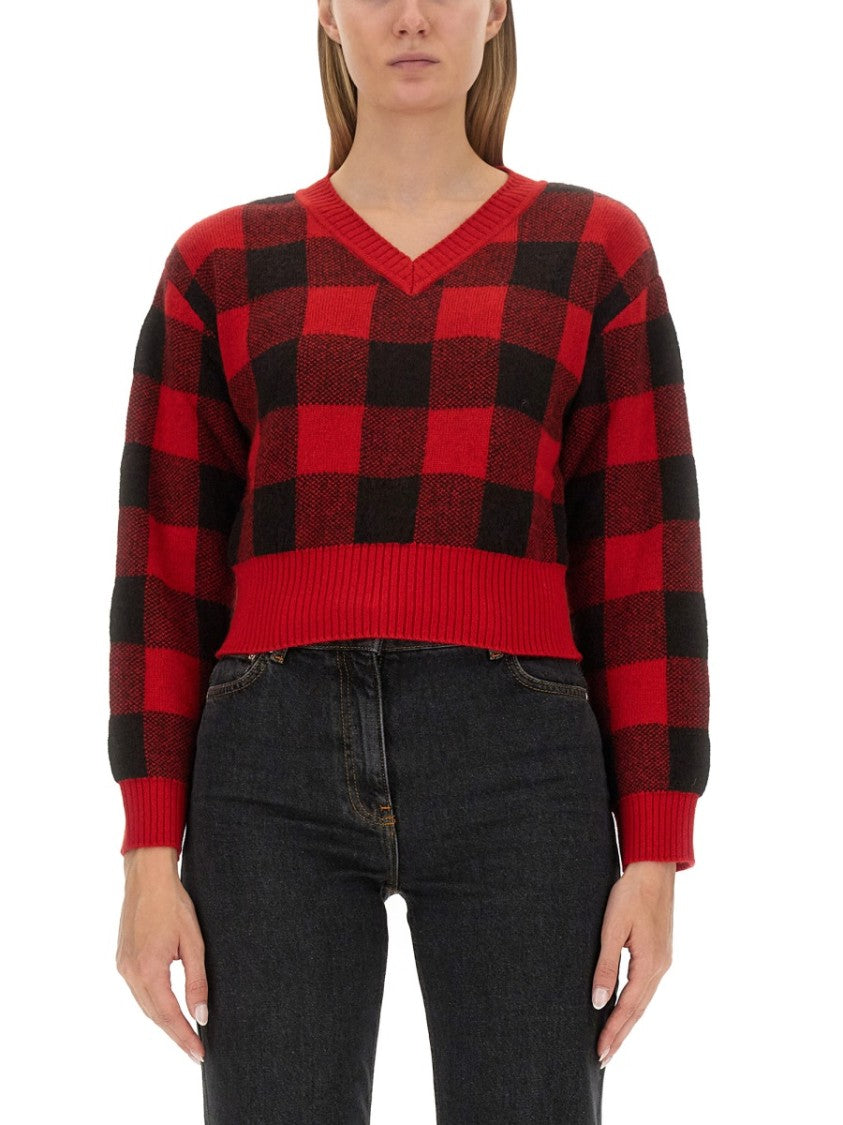 Moschino Cropped V-Neck Sweater With Checkered Pattern