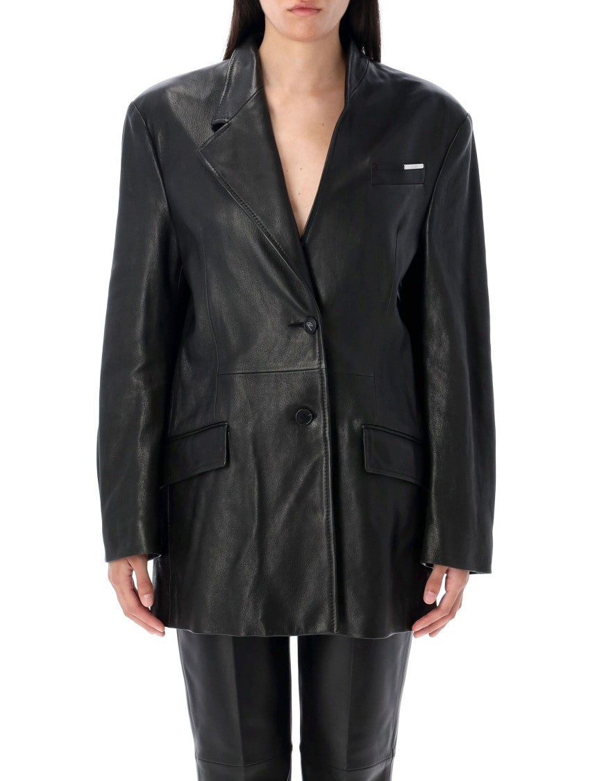 The Attico Asymmetric Lapel Black Leather Jacket