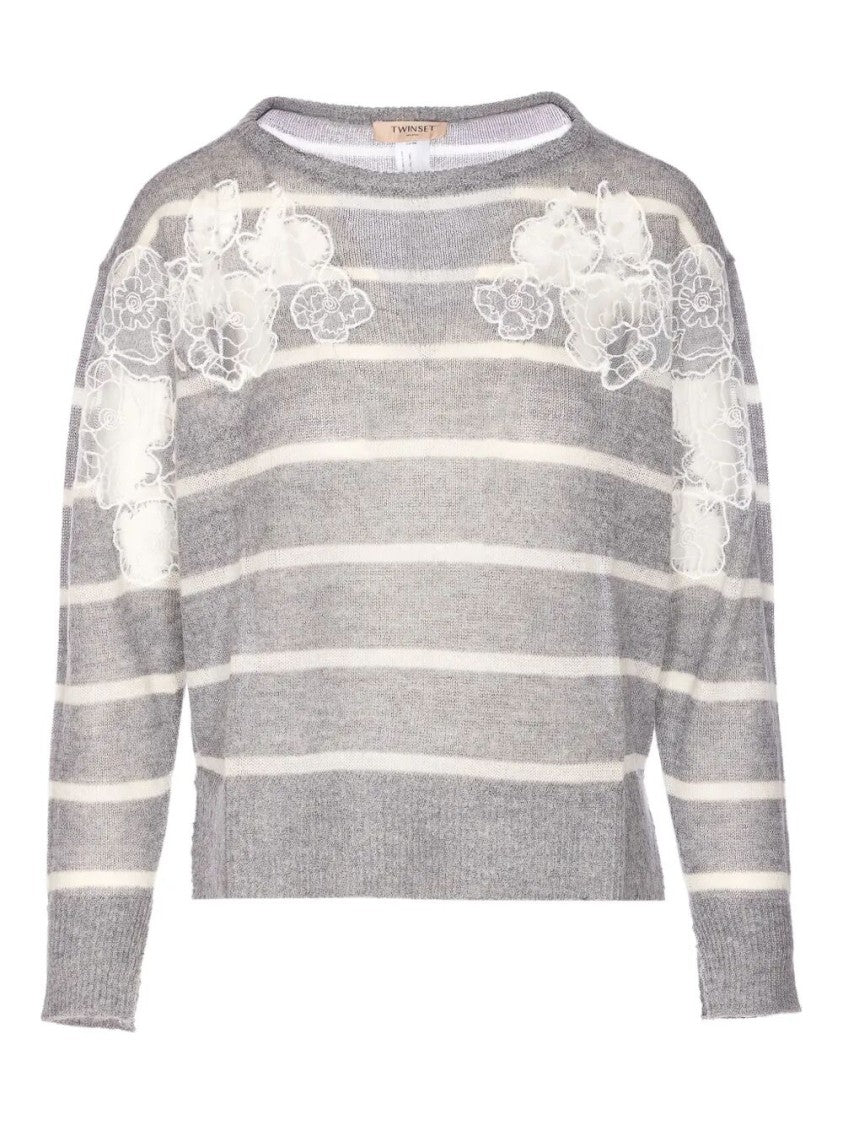 Twin-Set Relaxed Grey Knit Sweater With Floral Embroidery