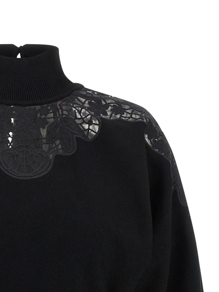 Twin-Set Cropped Black Sweater With High Ribbed Neckline And Lace Detailing