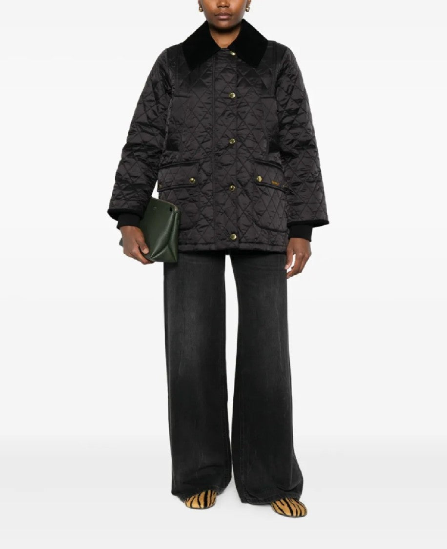 Barbour Quilted Black Jacket With Textured Wide Collar