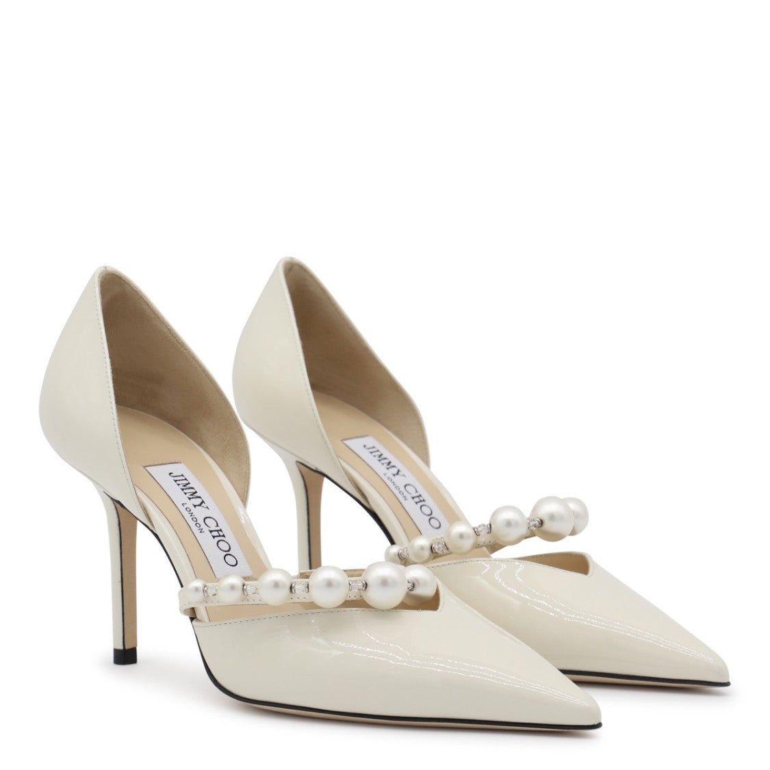 Jimmy Choo Patent Leather White Aurelie 85 Pumps With Pearl Embellishments