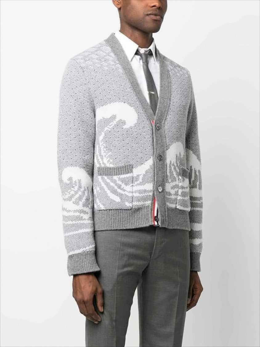 Thom Browne Textured Knit Grey Wool Cardigan With V-Neckline And Tricolor Details