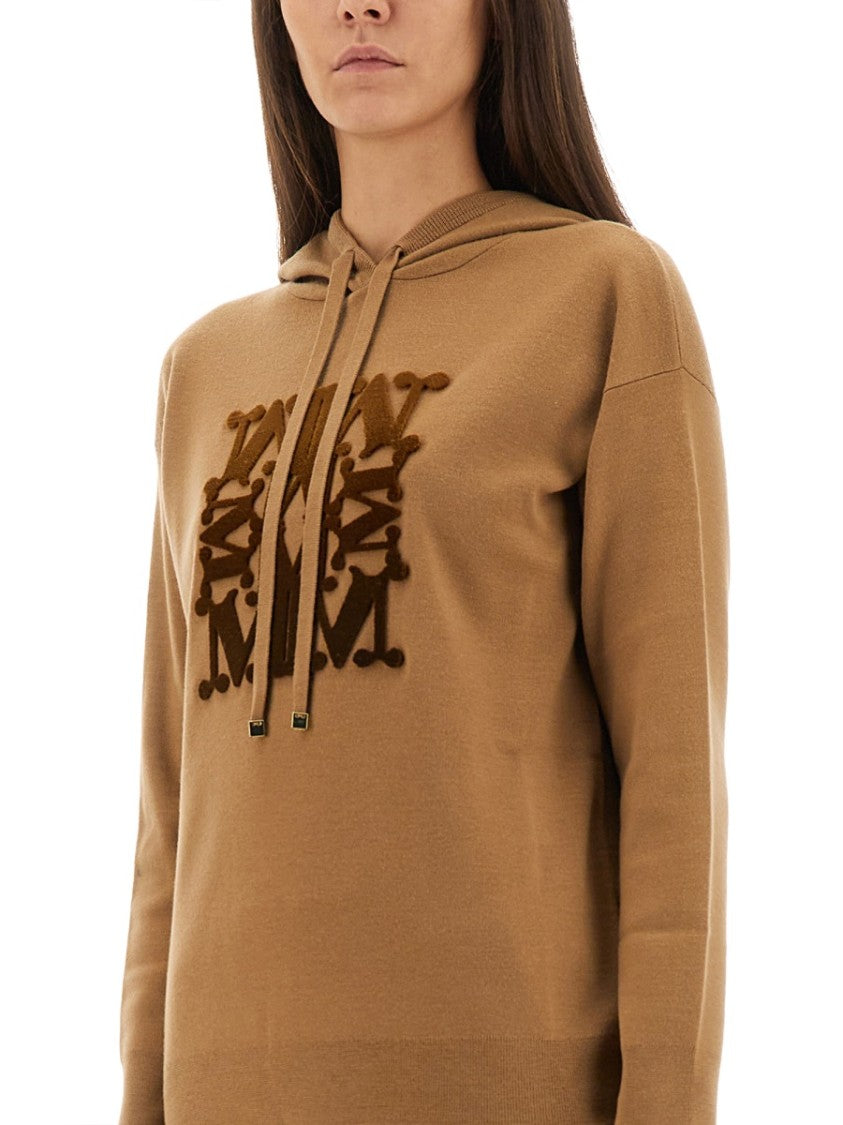 Max Mara Hooded Sweater In Camel Virgin Wool With Textured Logo
