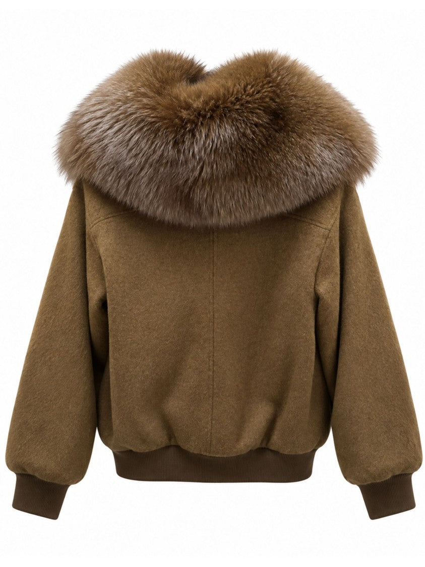 Yves Salomon Wool Flannel Bomber Jacket With Plush Fox Fur Collar