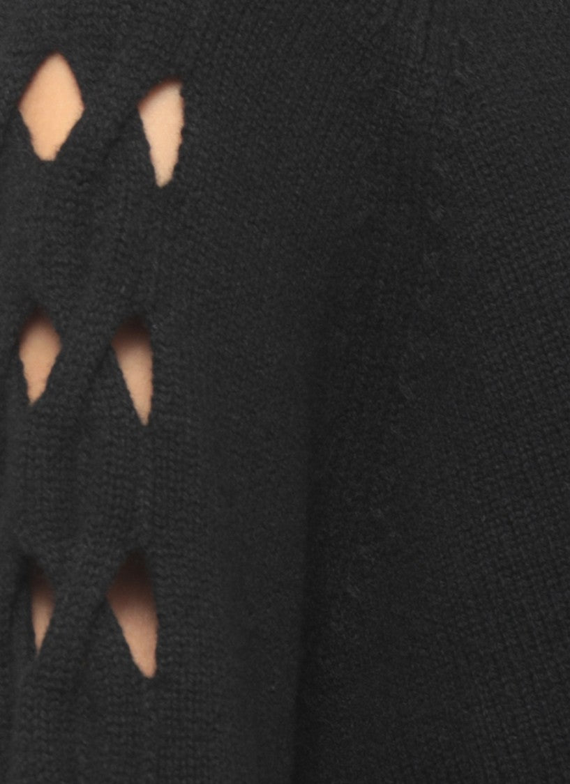 D. Exterior Black High Neck Cut-Out Wool-Cashmere Cardigan