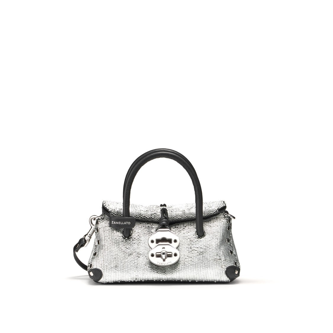 Zanellato Structured Textured Silver-Lambskin Handbag With Twist Lock Closure