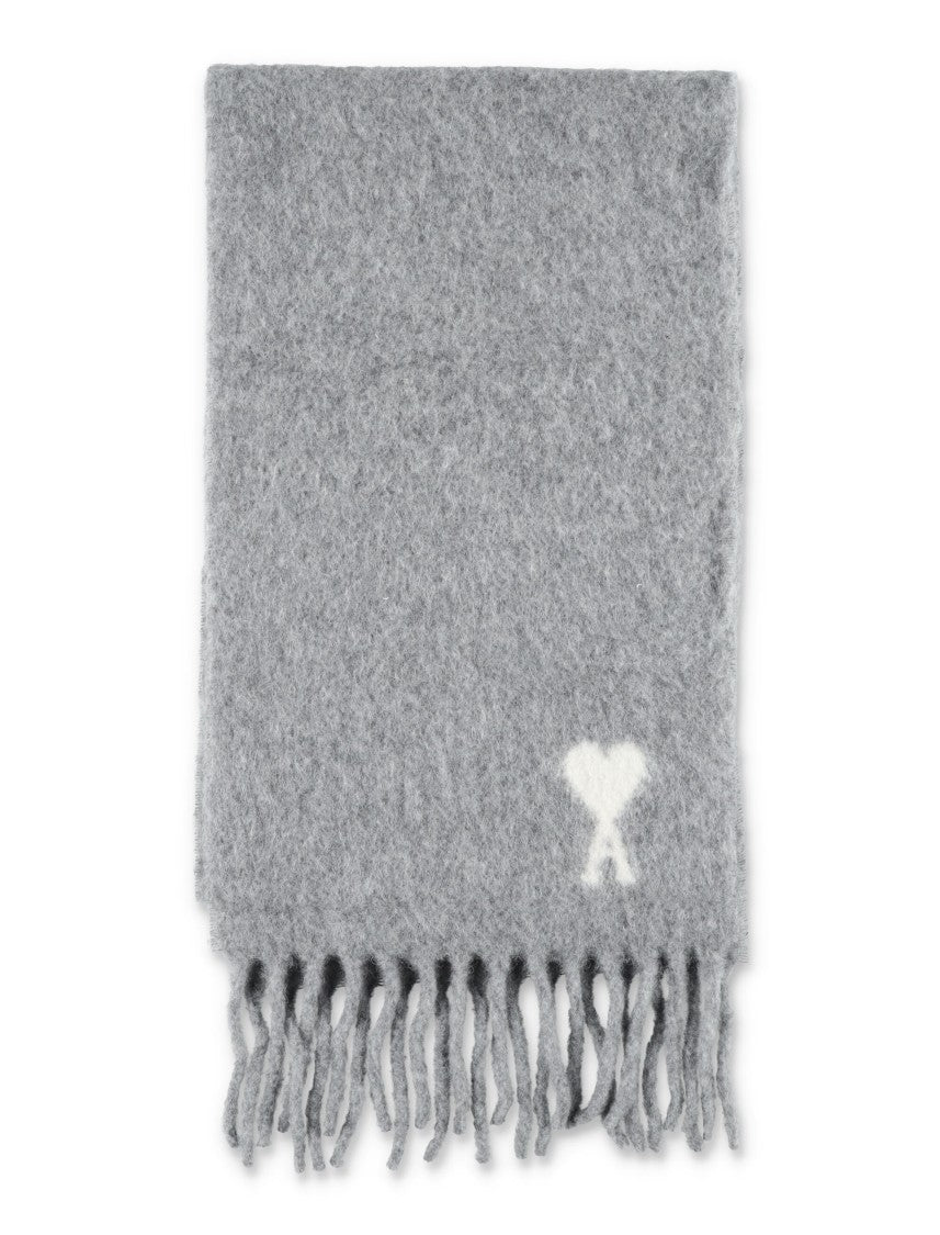 Ami Paris Light Grey Alpaca Fringed Scarf