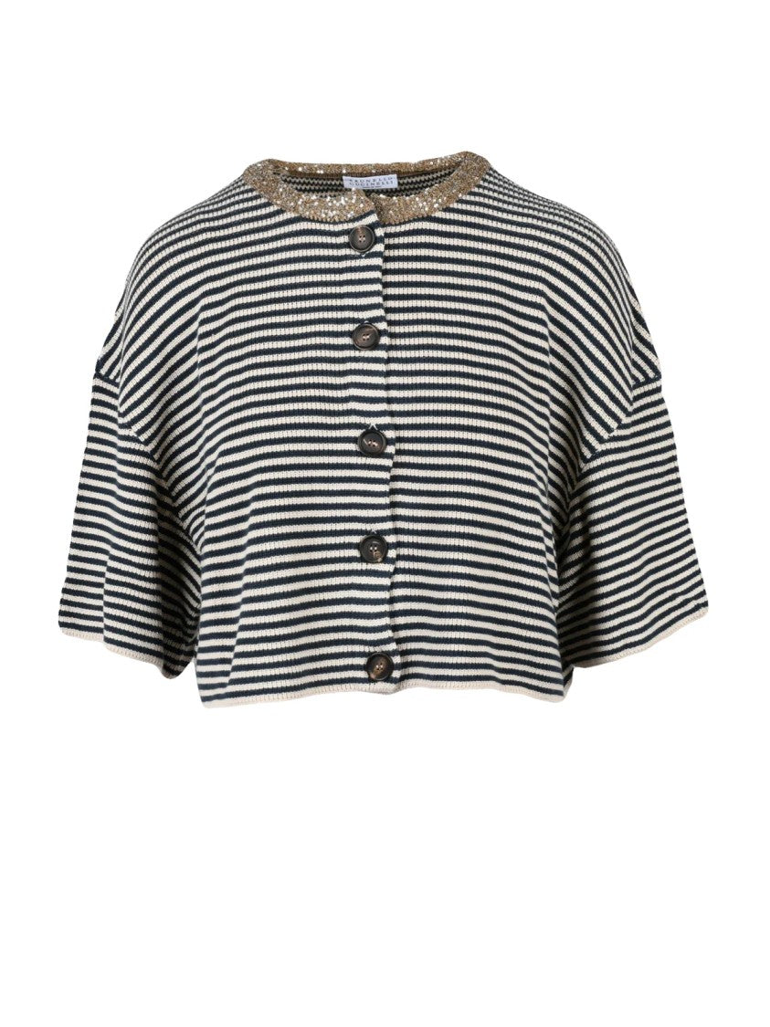 Brunello Cucinelli Crew Neck Cardigan Sequins - Beige/Blue