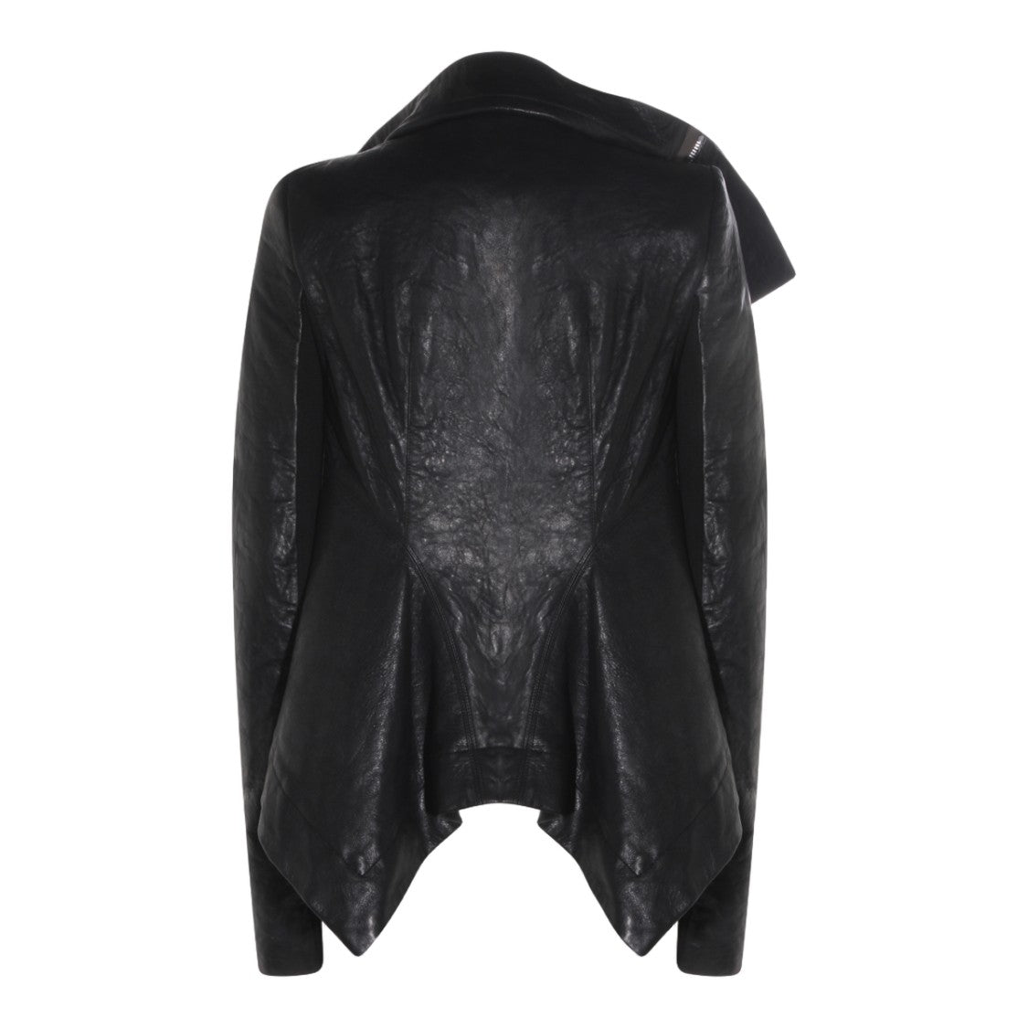 Rick Owens Asymmetrical Black Leather Jacket With Draped Collar