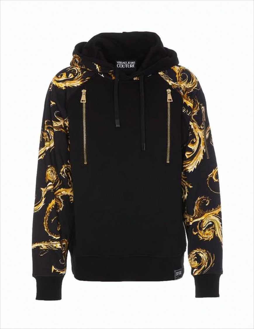 Versace Baroque Patterned Black Hoodie With Gold Accents
