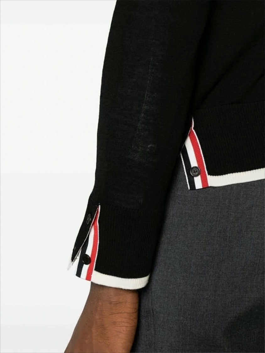 Thom Browne Crew Neck Black Wool Sweater With Signature Stripes And Buttoned Cuffs