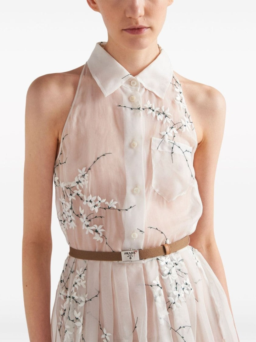 Prada Floral-Embroidered Silk Midi Dress