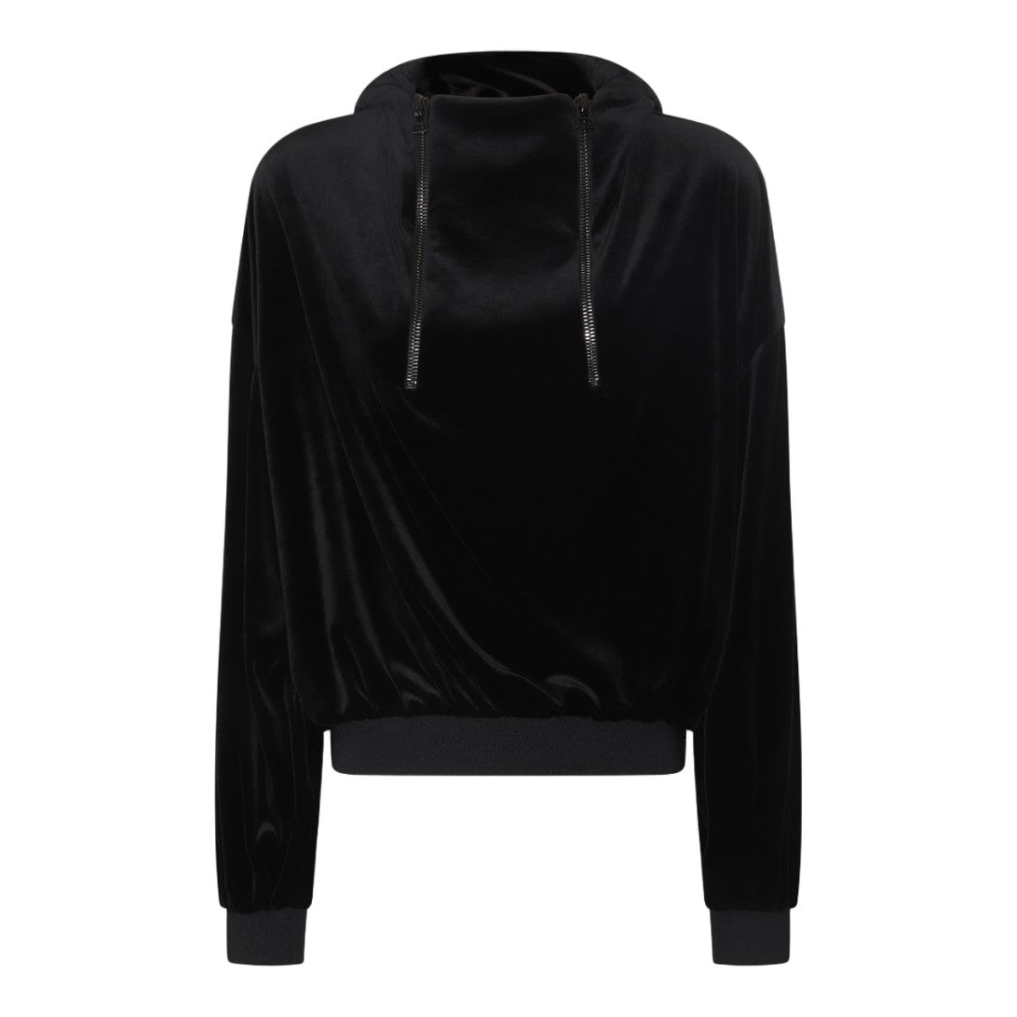 Tom Ford Relaxed Fit Black Velvet Sweater With High Neckline And Drawstring Detail