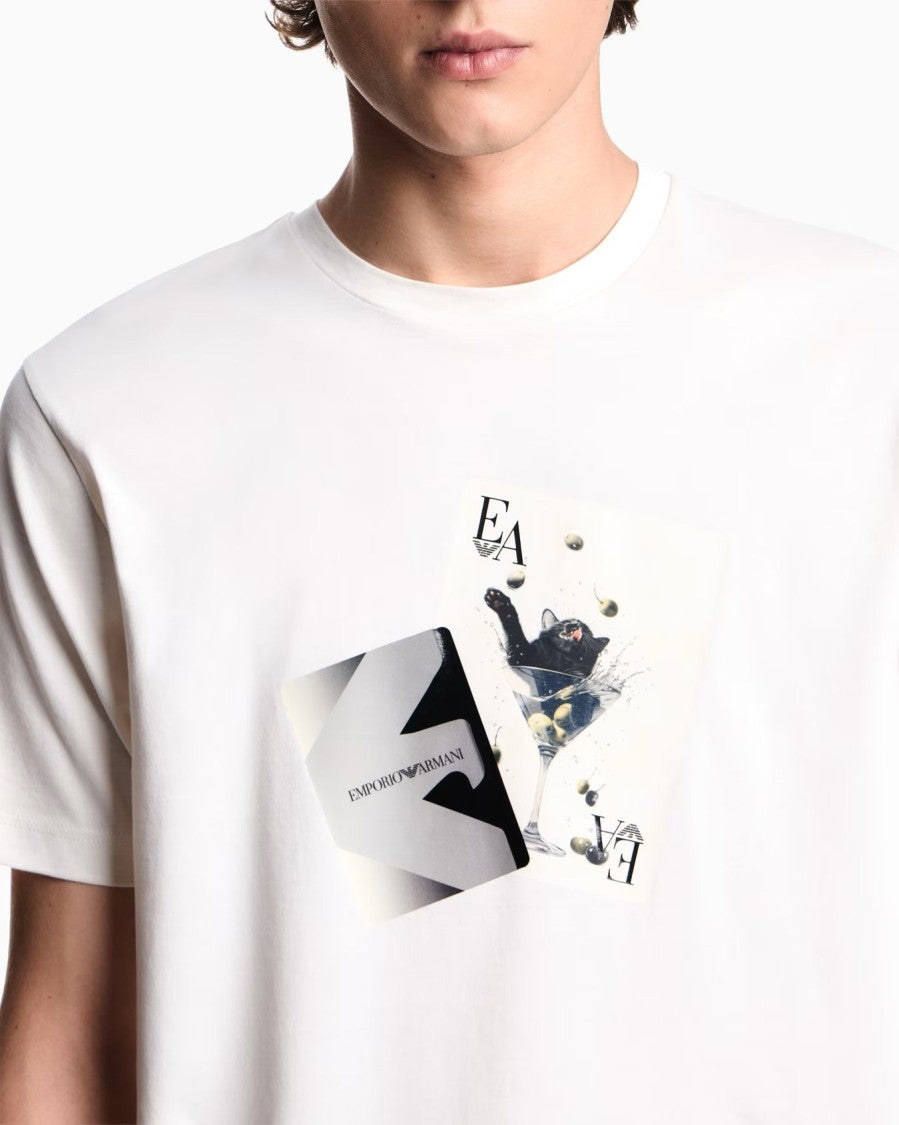 Emporio Armani White Crewneck T-Shirt With Abstract Print