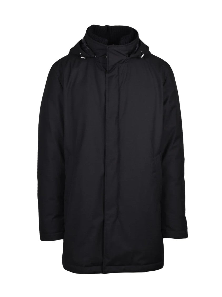 Herno Down-Filled Black Jacket With Removable Hood And Practical Closure
