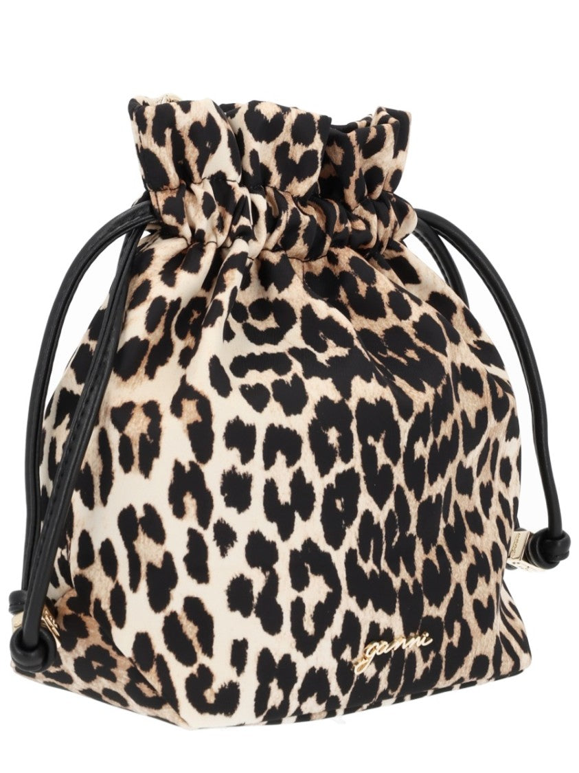 Ganni Multicolor Animal Print Drawstring Polyamide Shoulder Bag