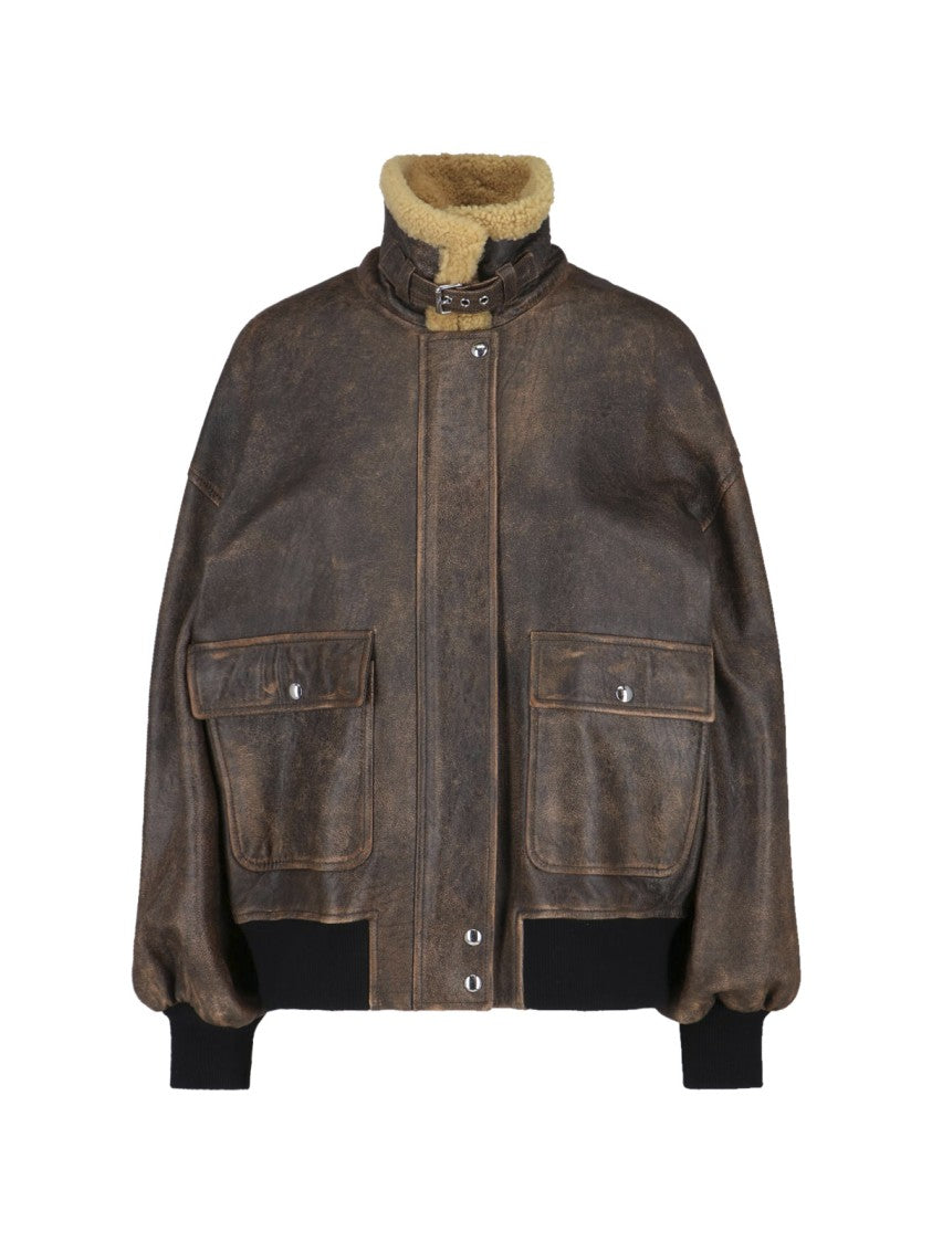 Khaite Distressed Brown Leather Jacket With Shearling Collar