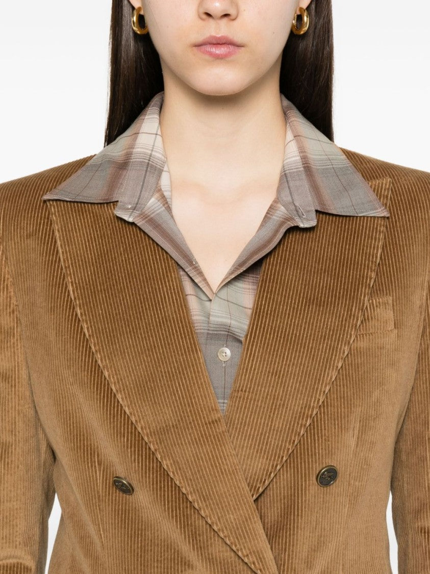 Etro Beige Double-Breasted Corduroy Jacket With Wide Lapels