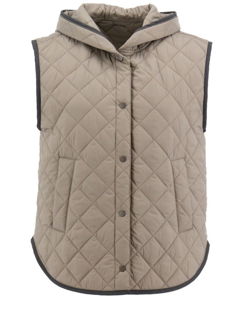 Brunello Cucinelli Quilted Waistcoat With Hood And Diamond Pattern