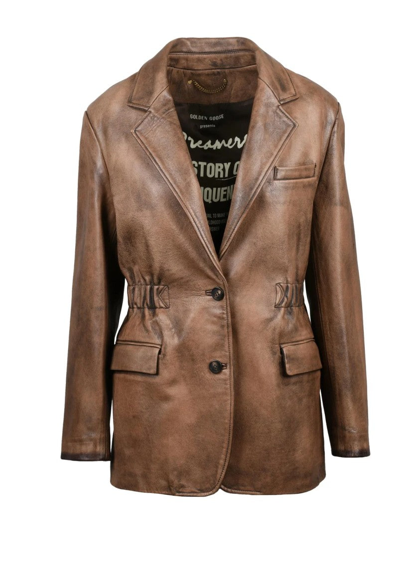 Golden Goose Opalette Elastic Leather Jacket With Tailored Silhouette And Vintage Finish