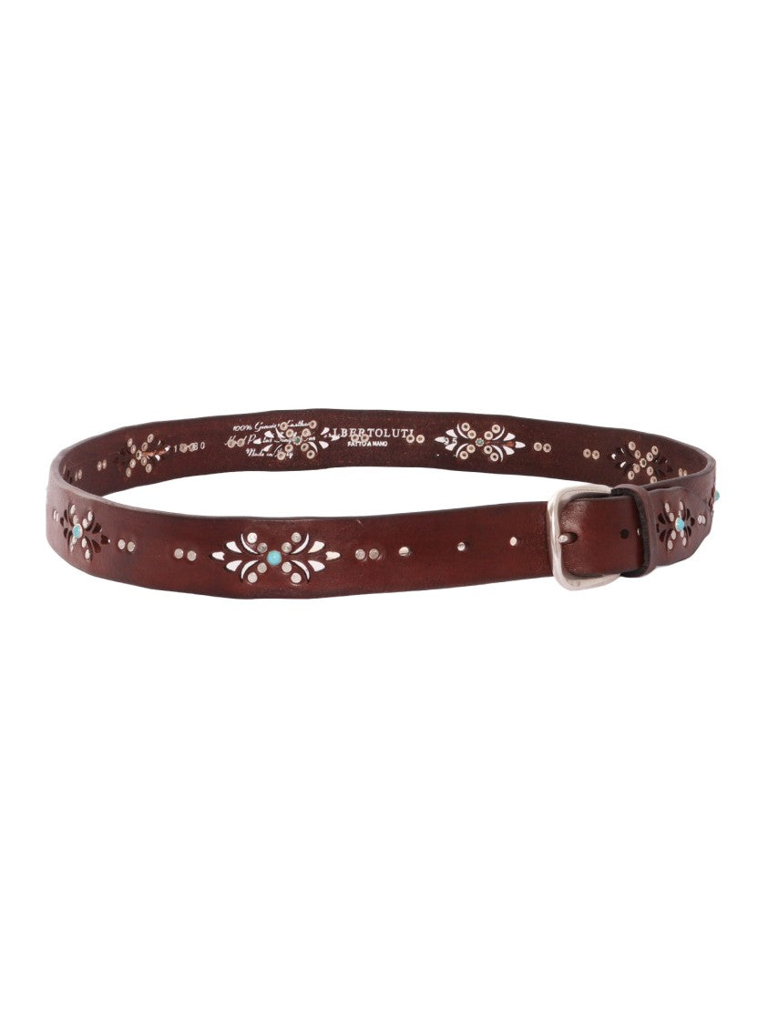 Alberto Luti Leather Belt With Laser-Cut Floral Patterns And Stud Embellishments