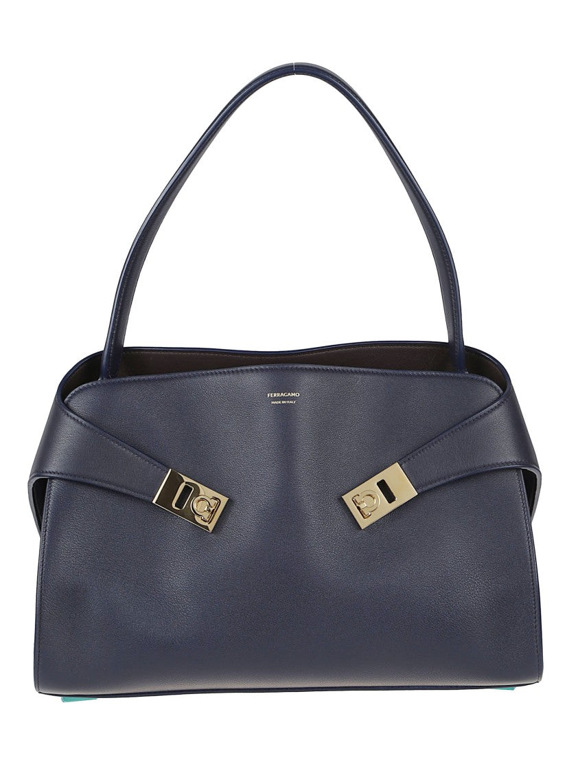 Ferragamo Rectangular Black Calf Leather Handbag With Gold Accents
