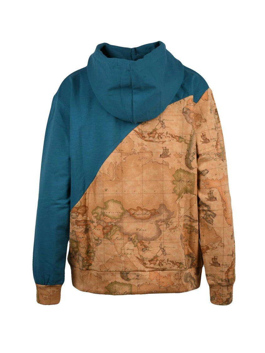 1 Classe Destination Green/Brown Map Print Stretch Cotton Hoodie