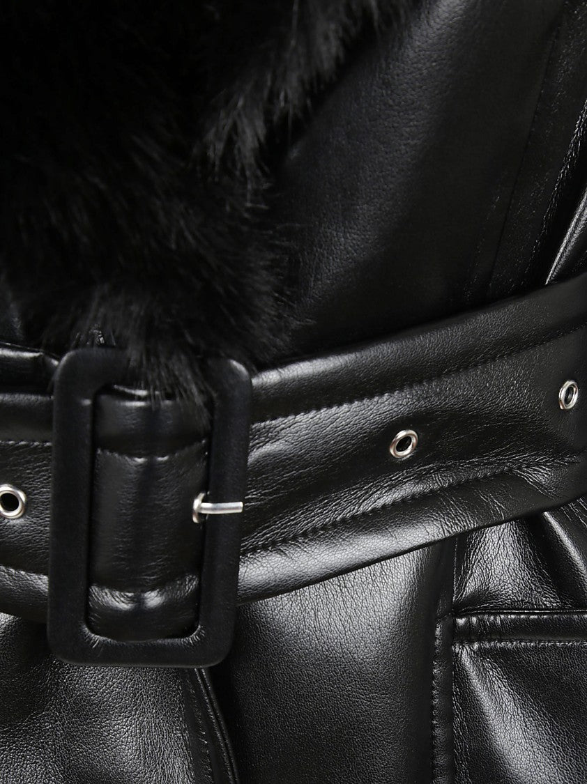 Stand Studio Black Long Coat With Plush Fur Collar And Tailored Belt