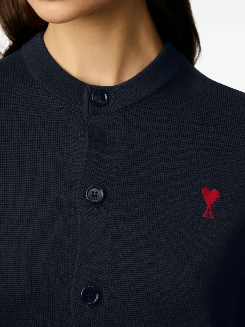Ami Paris Crew Neck Wool Cardigan With Button-Down Front