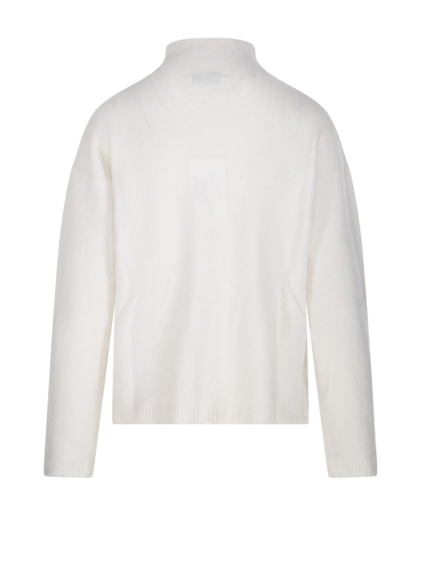 Max Mara Cropped White Cashmere Knit Sweater With Ribbed Detailing