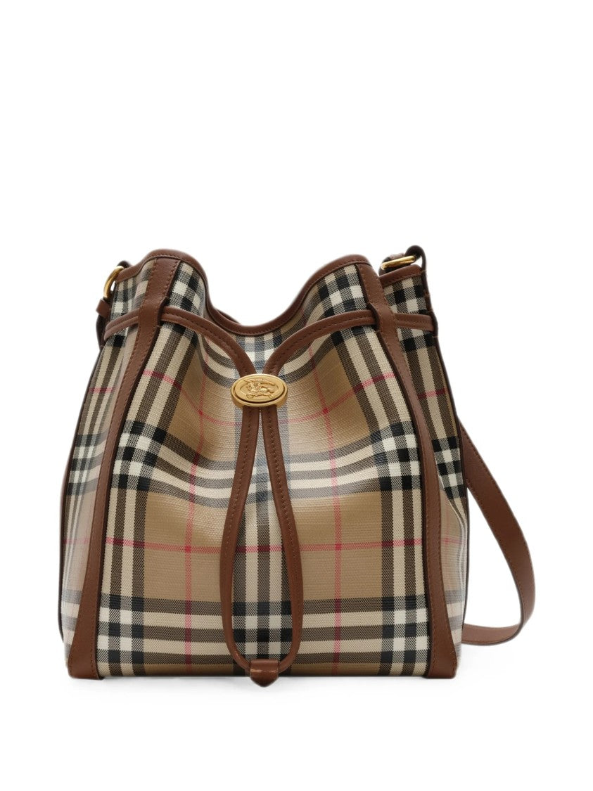 Burberry Mini Bucket Bag With Classic Check Pattern And Gold Emblem