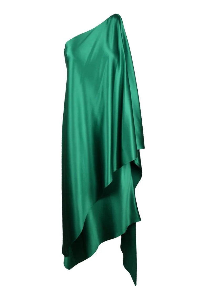 Max Mara Green Silk One-Shoulder Maxi Dress