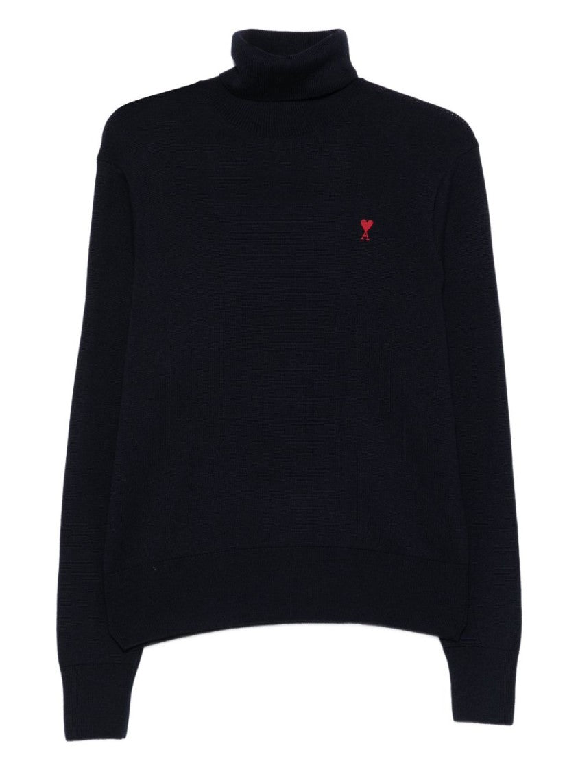 Ami Paris Ribbed High-Neck Turtleneck Sweater With Embroidered Logo