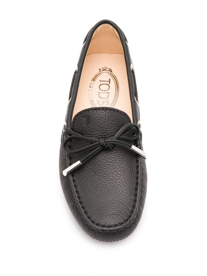 Tod's Black Leather Slip-On Flats With Pussy-Bow Detail