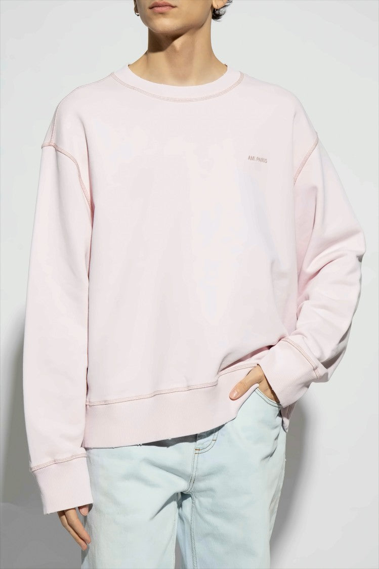 Ami Light Pink Relaxed Fit Sweatshirt With Subtle Embroidery