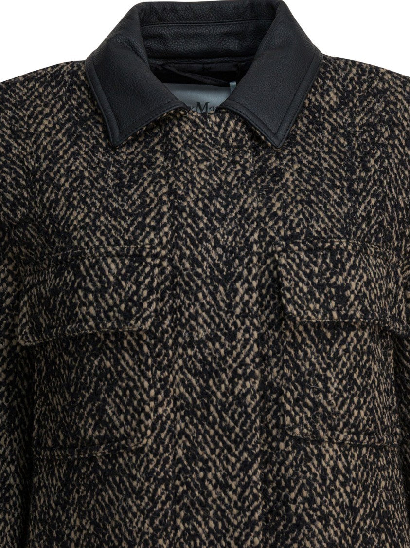 Max Mara Textured Herringbone Wool Coat With Leather Collar