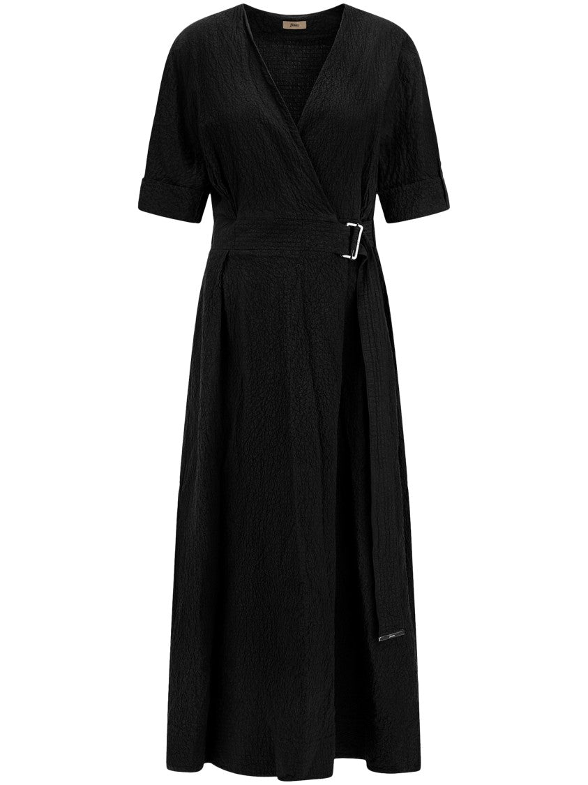 Herno Textured Black Wrap Dress With Belted Waist