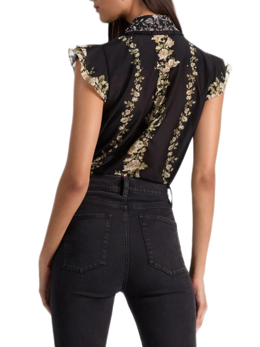 Alice Olivia By Stacey Bendet Flutter Sleeve Floral Print Blouse In Cotton-Silk Blend