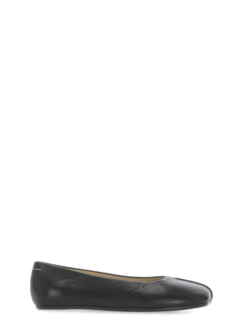 Mm6 By Maison Margiela Black Leather Ballerinas With Square Toe And Iconic Stitches