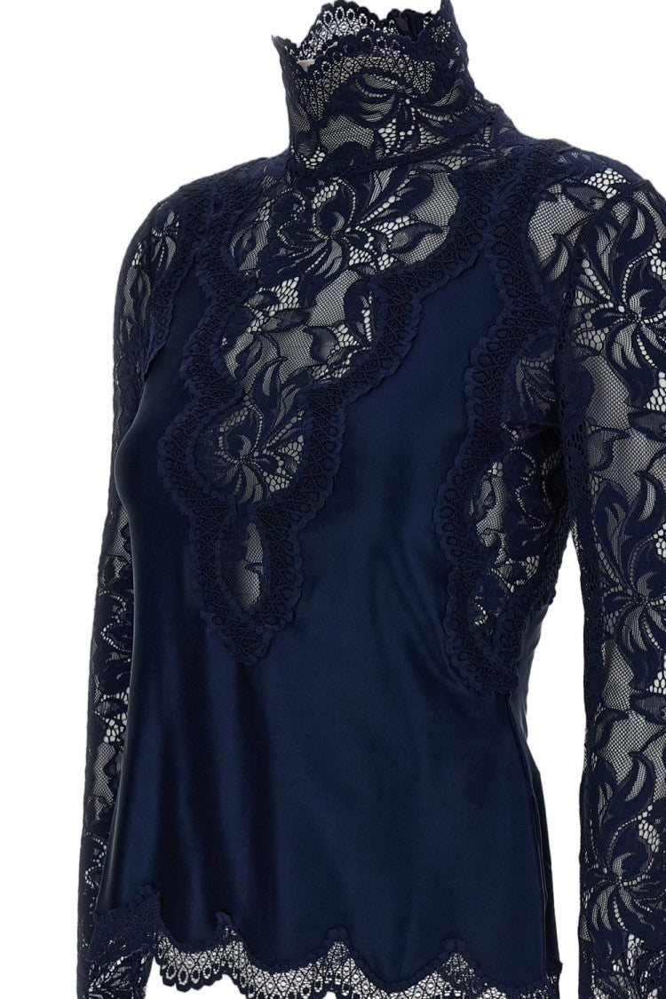 Rabanne Blue Stand Collar Scalloped Lace Top