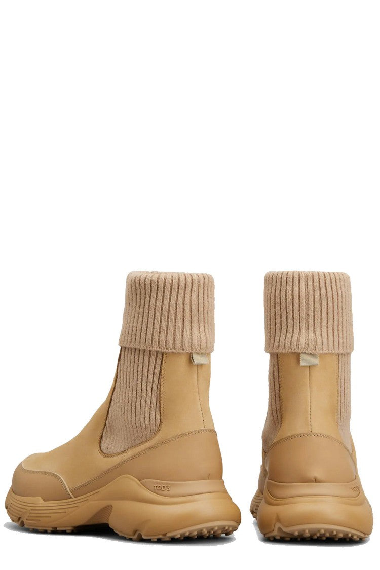 Tod's Beige Ribbed Sock Cuff Rubber-Leather Sneaker Boots