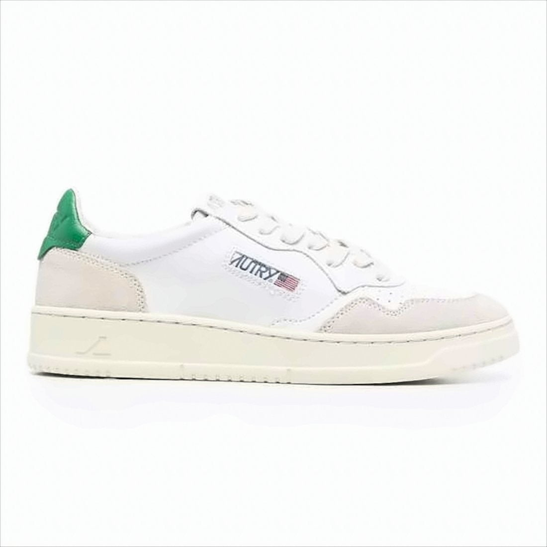 Autry Low-Top Sneakers With Beige Suede Overlays And Green Heel Tab