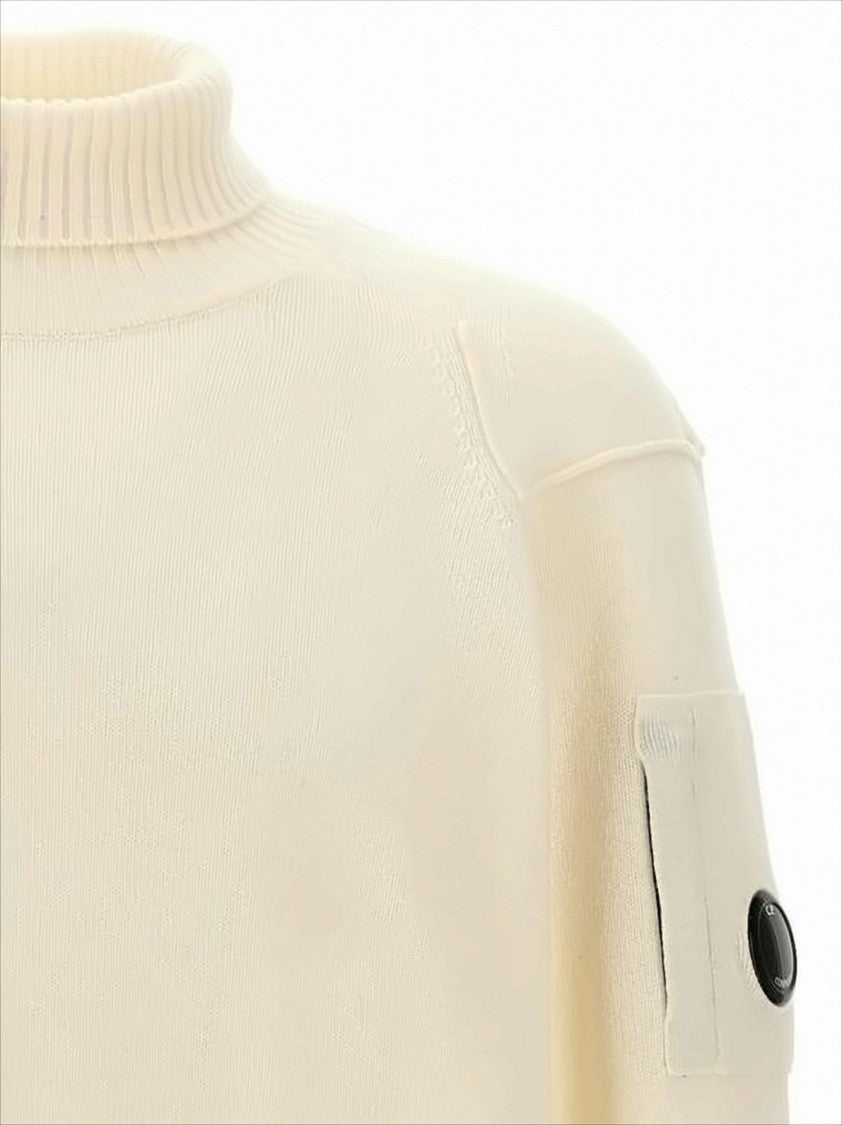 C.P. Company Cream Wool-Nylon Blend Turtleneck Sweater With Iconic Lens Detail