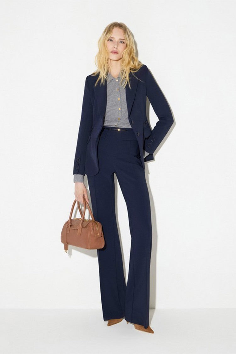 Elisabetta Franchi Navy Polyester-Elastane Blend Buckle-Waist Trousers